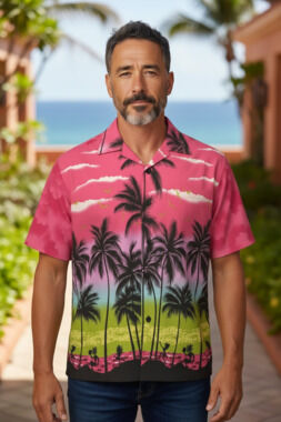 V.H.O. Funky Hawaiian Shirt Tropical Palm Tree Print Men's Short Sleeve